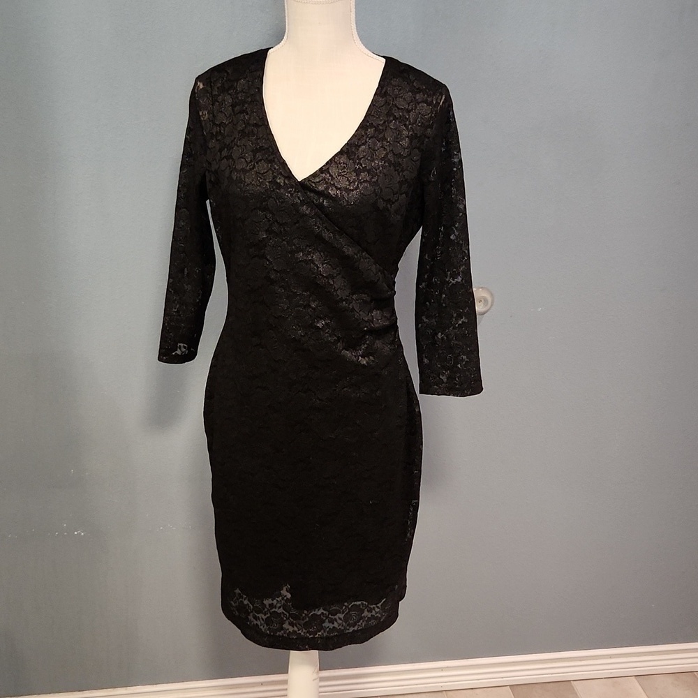 Andrew Marc black floral lace long sleeve formal midi dress Feminine Preppy Goth